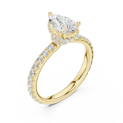 Front view of yellow gold pear hidden halo ring with pave diamond band and lab-grown diamond 鈥?Australia