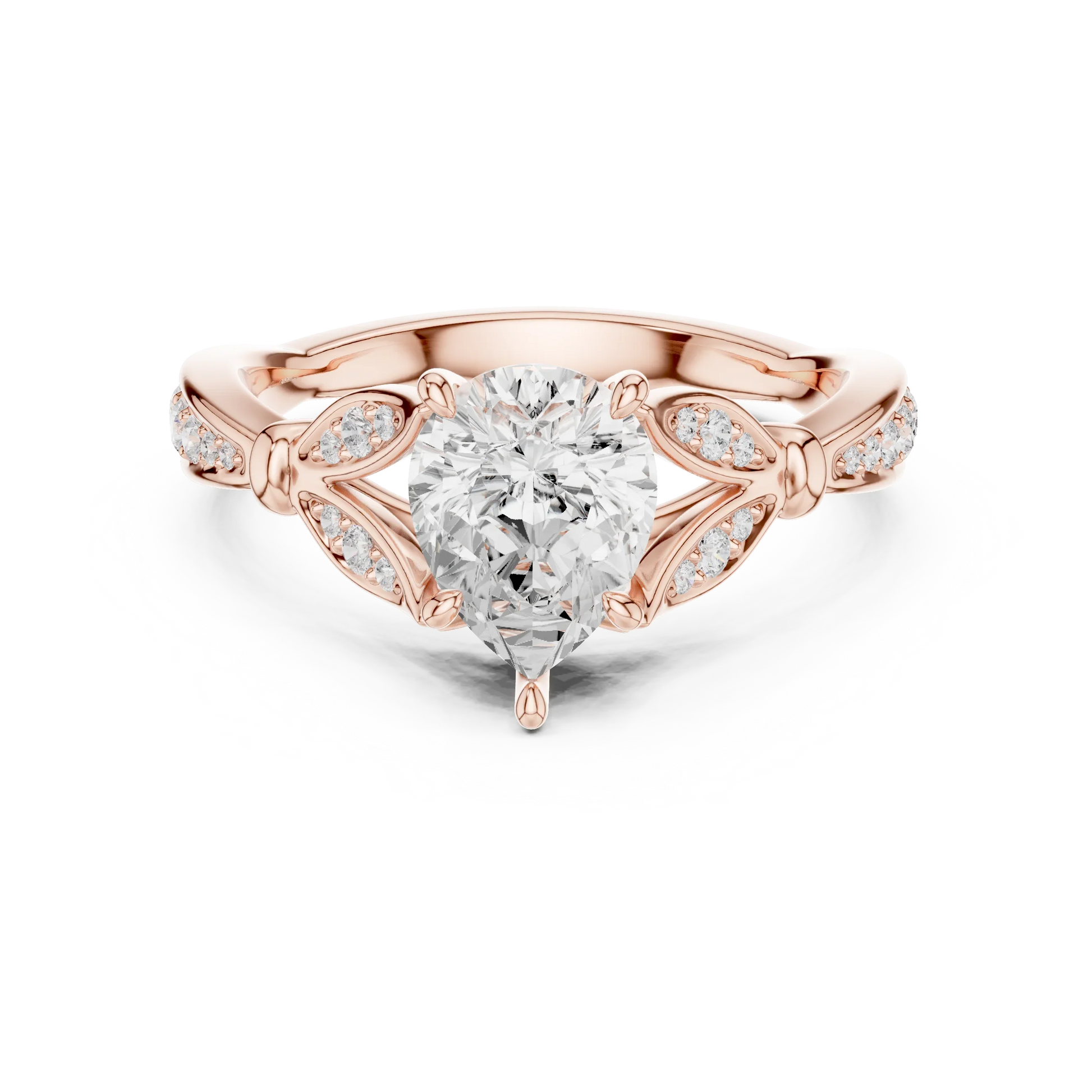 Pear solitaire ring in rose gold with floral milgrain pave band and lab-grown diamond – Australia