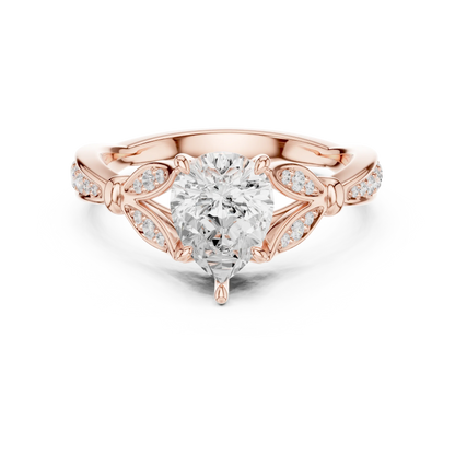 Pear solitaire ring in rose gold with floral milgrain pave band and lab-grown diamond – Australia