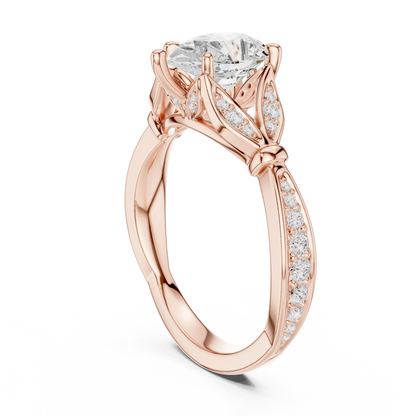 Back side view of rose gold pear solitaire ring with floral milgrain pave band and lab-grown diamond – Australia