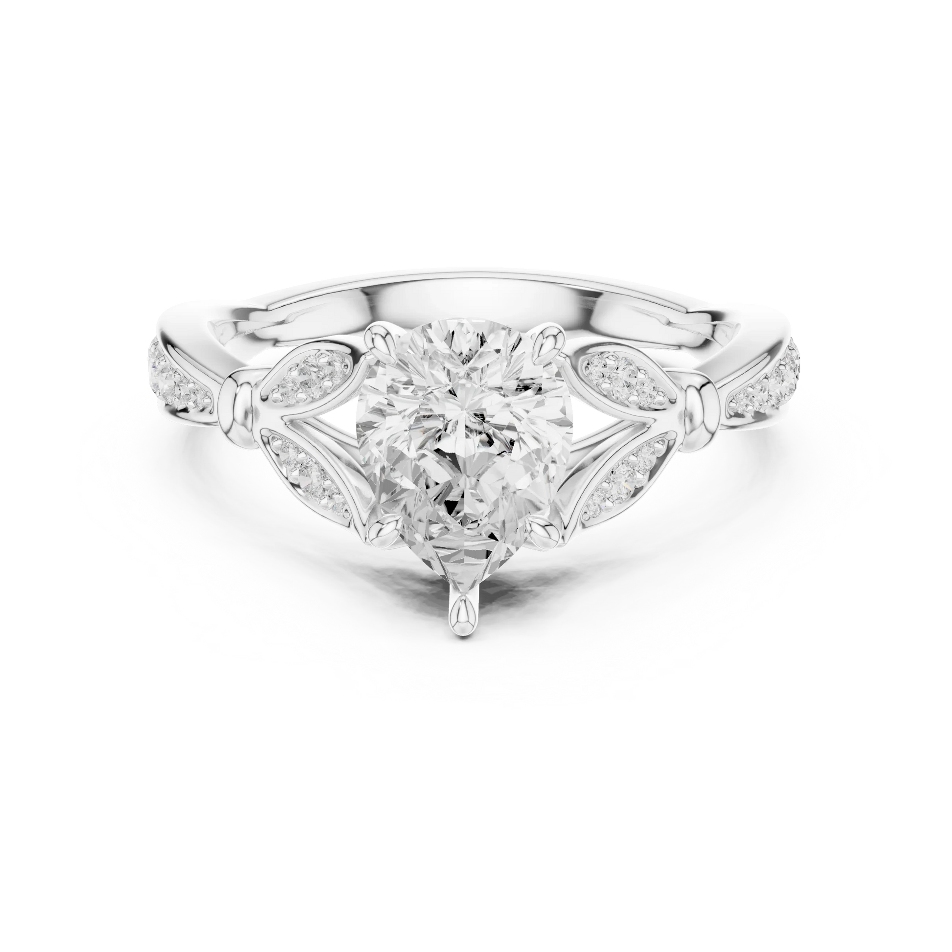 Pear solitaire ring in white gold with floral milgrain pave band and lab-grown diamond – Australia