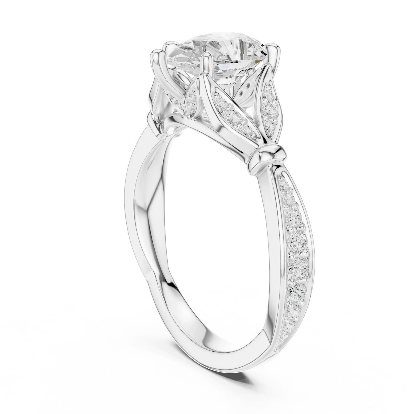 Back side view of white gold pear solitaire ring with floral milgrain pave band and lab-grown diamond – Australia