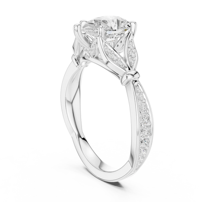 Back side view of white gold pear solitaire ring with floral milgrain pave band and lab-grown diamond – Australia