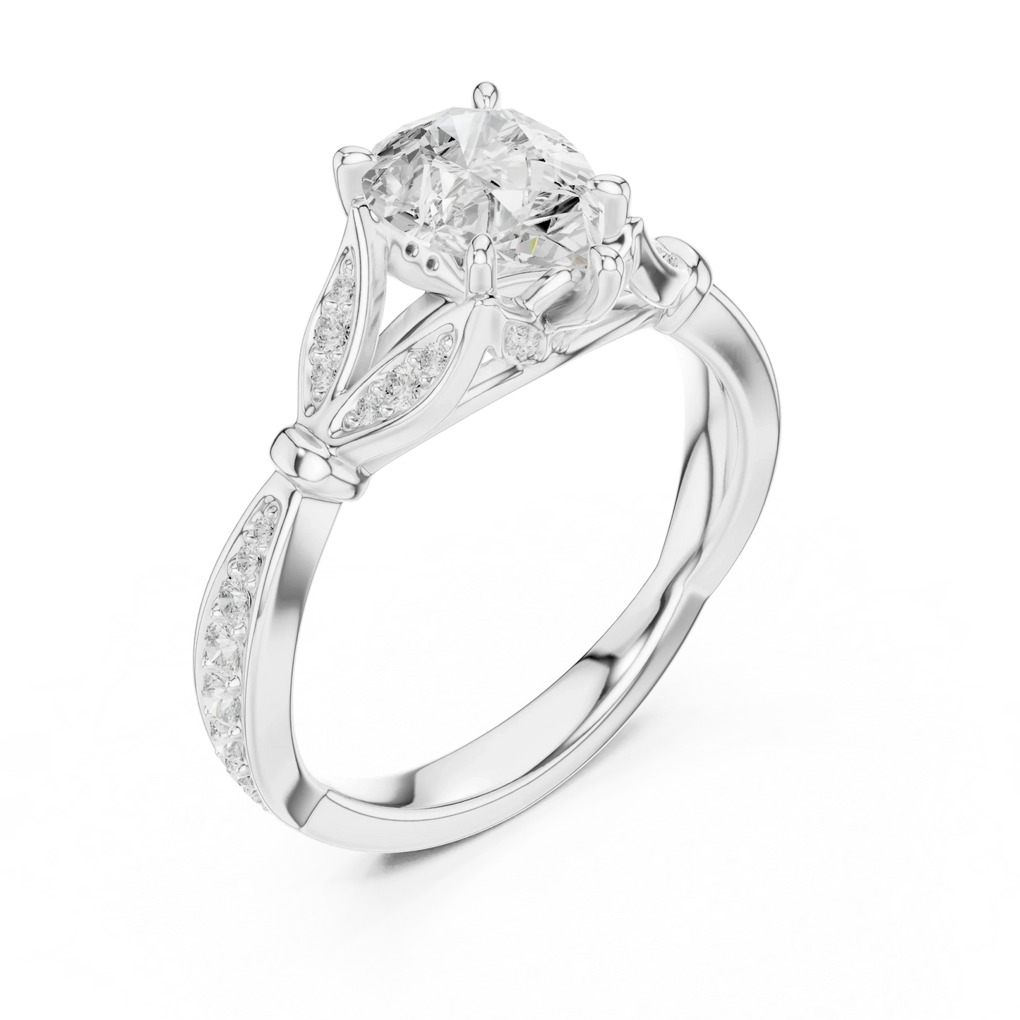 Front view of white gold pear solitaire ring with floral milgrain pave band and lab-grown diamond – Australia