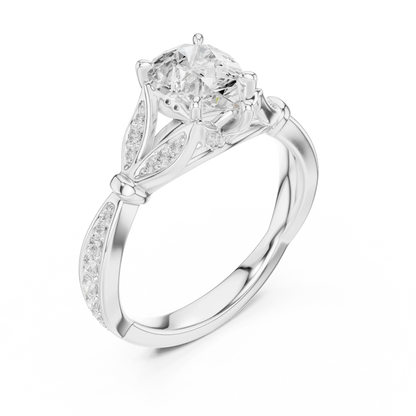 Front view of white gold pear solitaire ring with floral milgrain pave band and lab-grown diamond – Australia