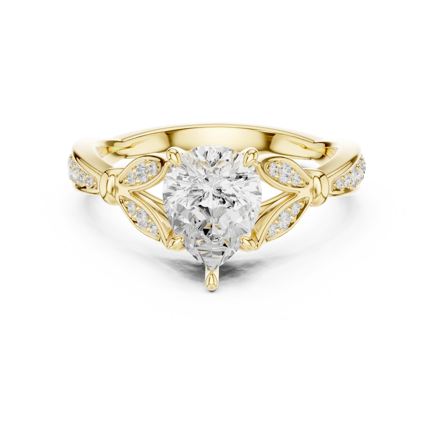 Pear solitaire ring in yellow gold with floral milgrain pave band and lab-grown diamond – Australia