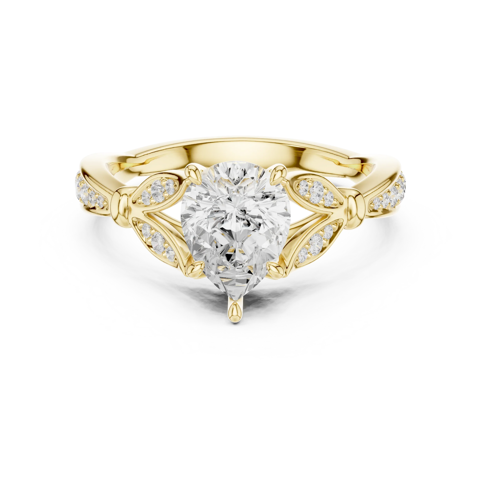Pear solitaire ring in yellow gold with floral milgrain pave band and lab-grown diamond – Australia
