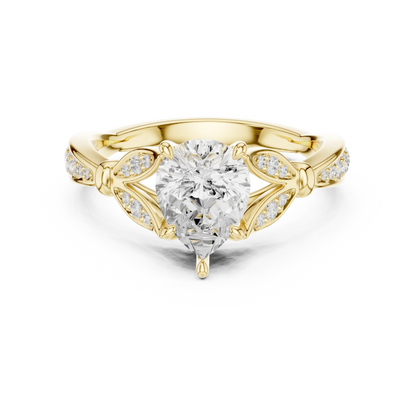 Pear solitaire ring in yellow gold with floral milgrain pave band and lab-grown diamond – Australia