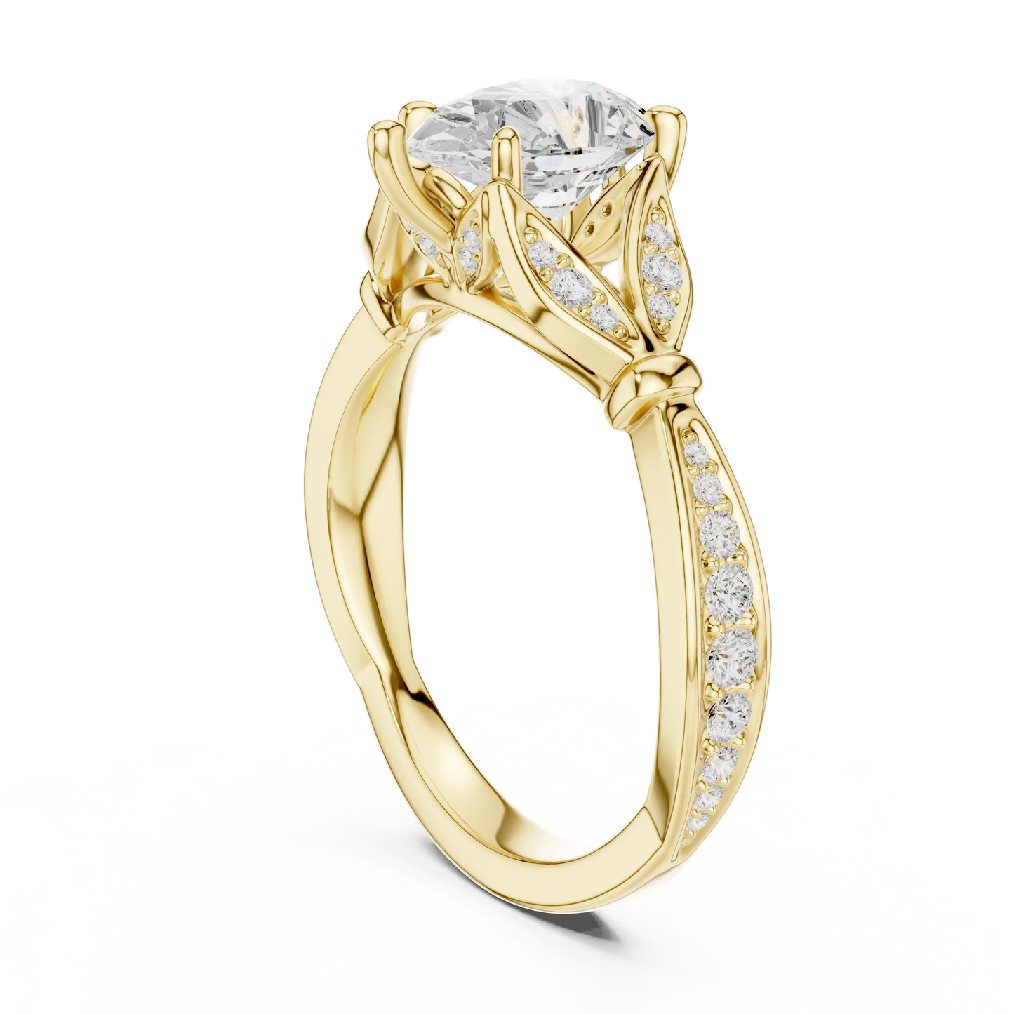 Back side view of yellow gold pear solitaire ring with floral milgrain pave band and lab-grown diamond – Australia
