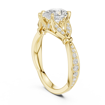 Back side view of yellow gold pear solitaire ring with floral milgrain pave band and lab-grown diamond – Australia
