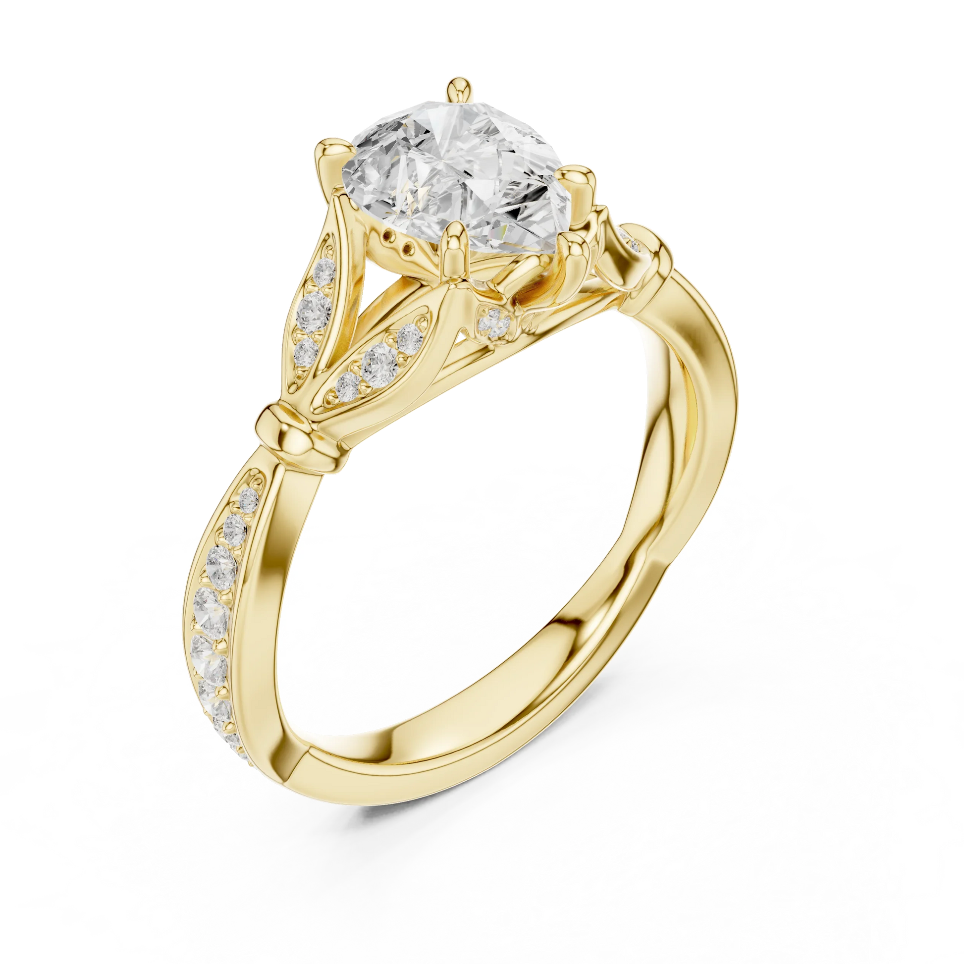 Front view of yellow gold pear solitaire ring with floral milgrain pave band and lab-grown diamond – Australia
