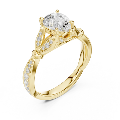 Front view of yellow gold pear solitaire ring with floral milgrain pave band and lab-grown diamond – Australia