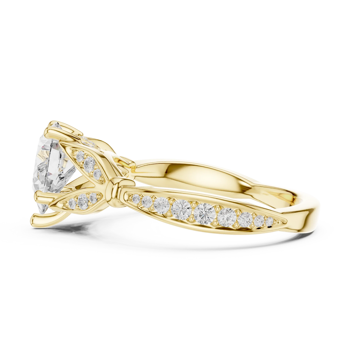 Side view of yellow gold pear solitaire ring with floral milgrain pave band and lab-grown diamond – Australia