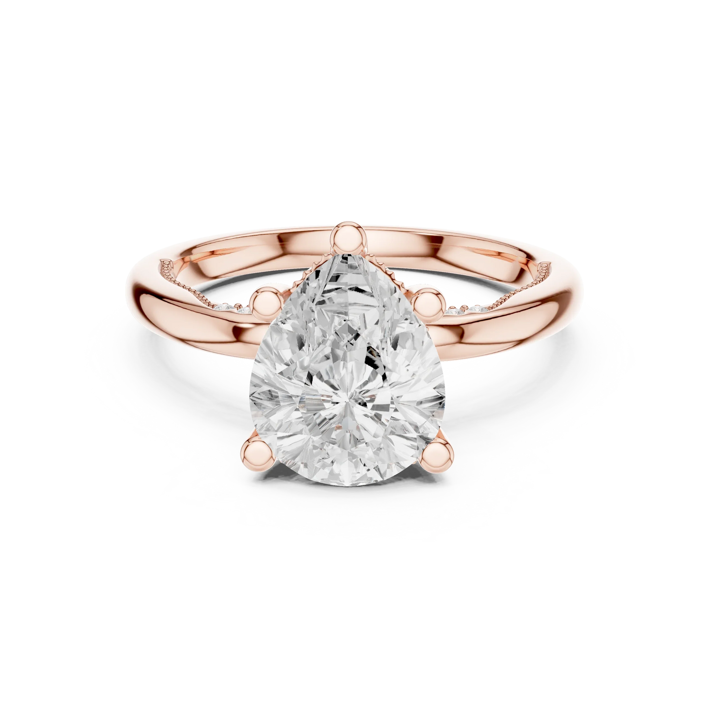 Rose gold pear cut solitaire ring with hidden halo and domed band featuring lab-grown diamond, modern look