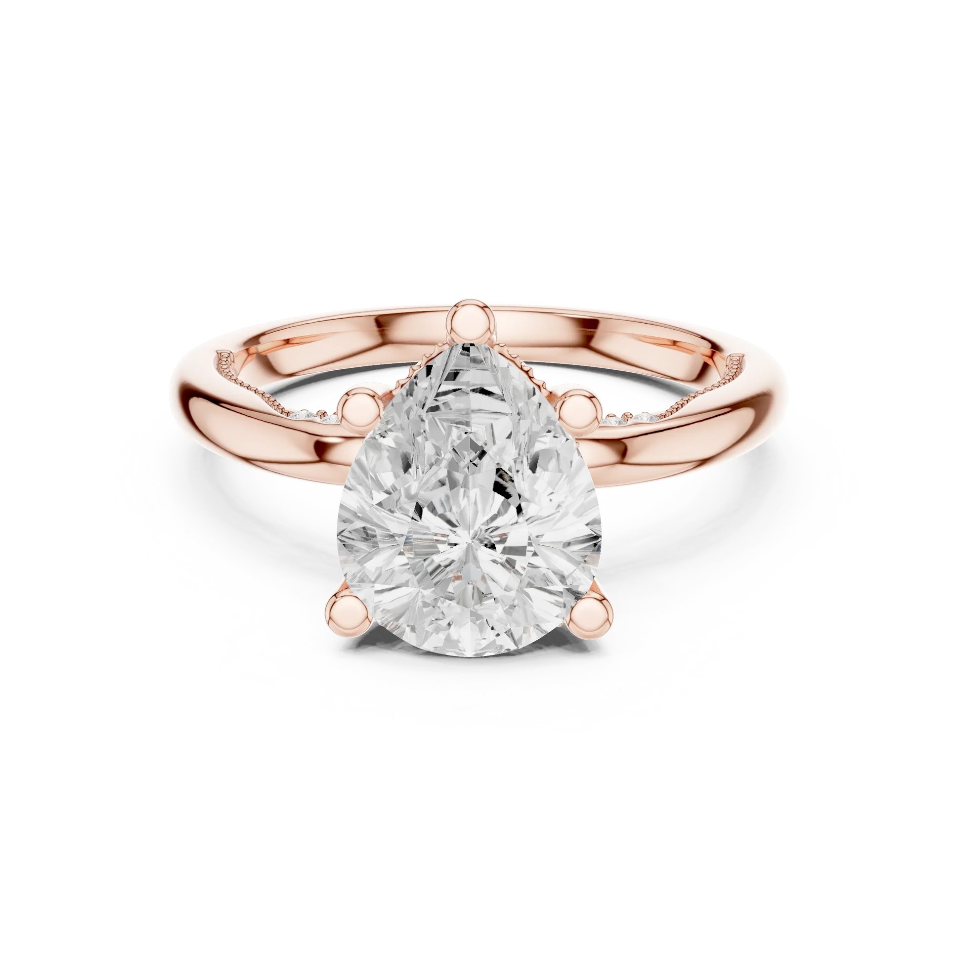 Rose gold pear cut solitaire ring with hidden halo and domed band featuring lab-grown diamond, modern look