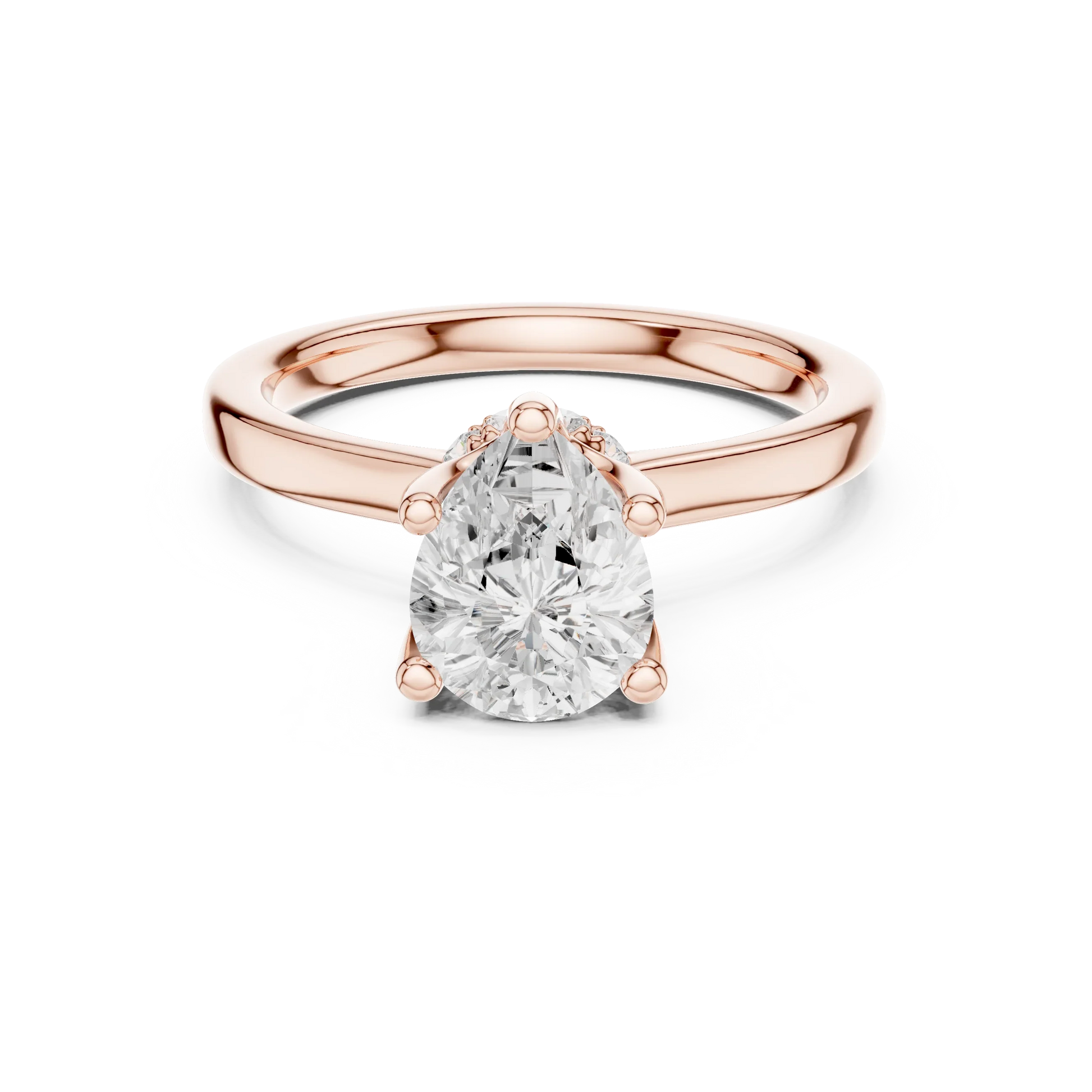Rose gold pear cut solitaire ring with hidden halo and domed band featuring lab-grown diamond, modern look