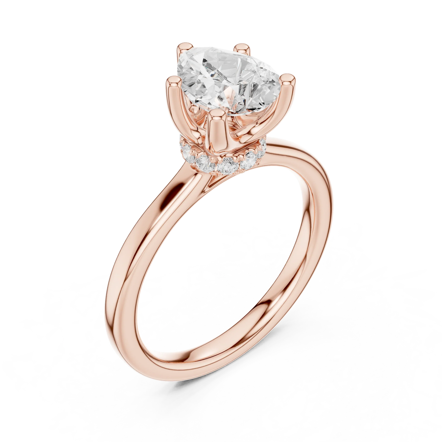 Front view of rose gold pear cut solitaire ring with hidden halo and domed band and lab-created diamond
