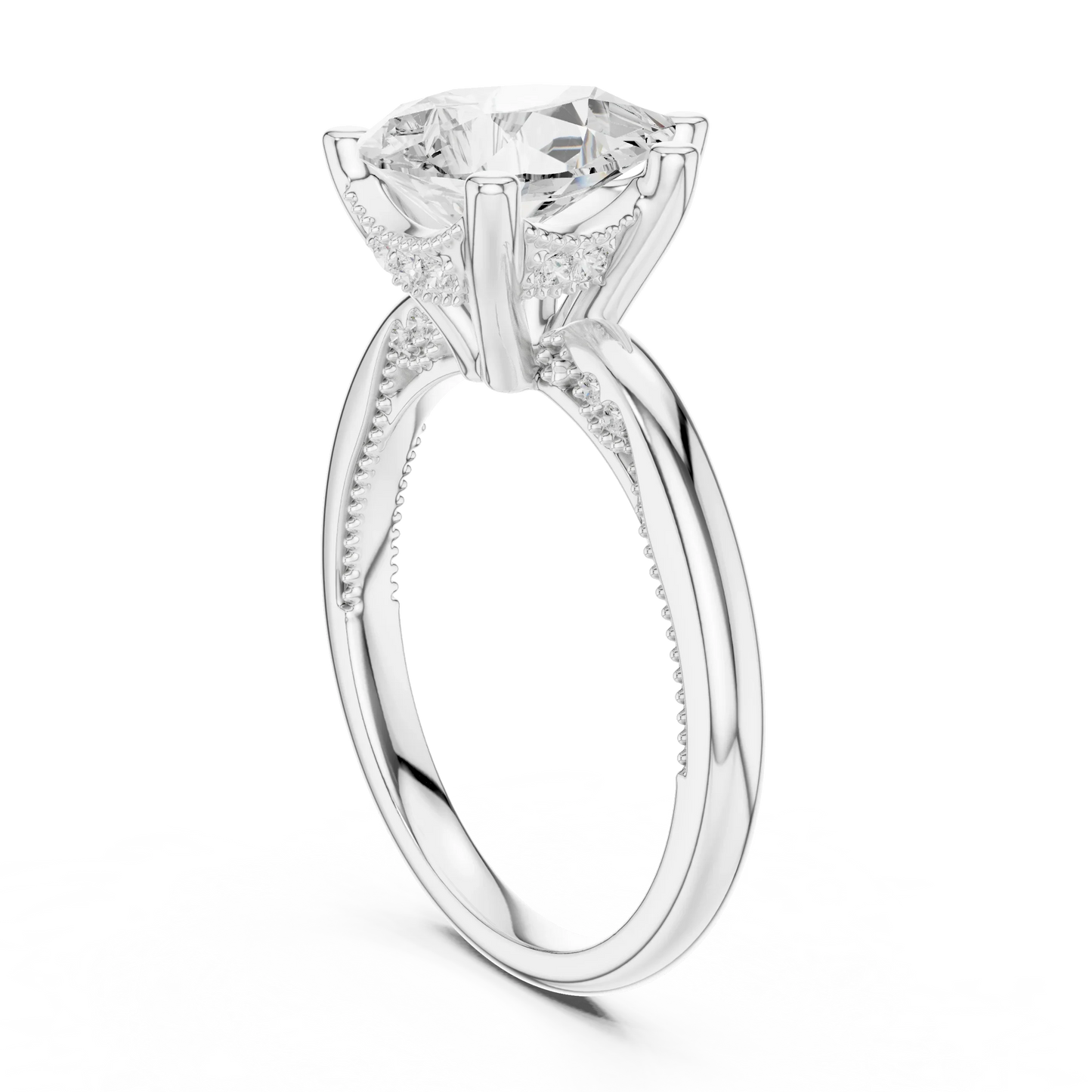 Back side view of white gold pear cut solitaire ring showing hidden halo and domed band details