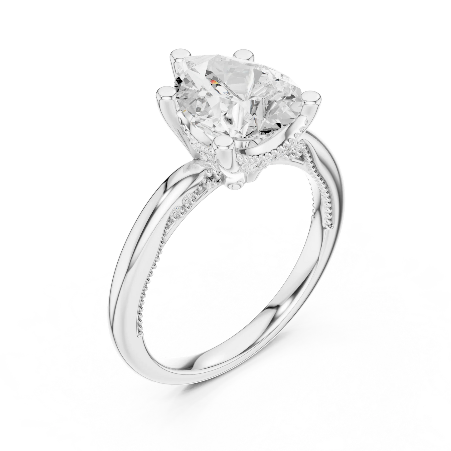 Front view of white gold pear cut solitaire ring with hidden halo and domed band and lab-created diamond