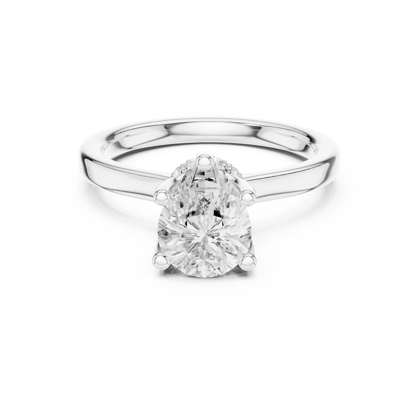 White gold pear cut solitaire ring with hidden halo and domed band featuring lab-grown diamond, elegant design