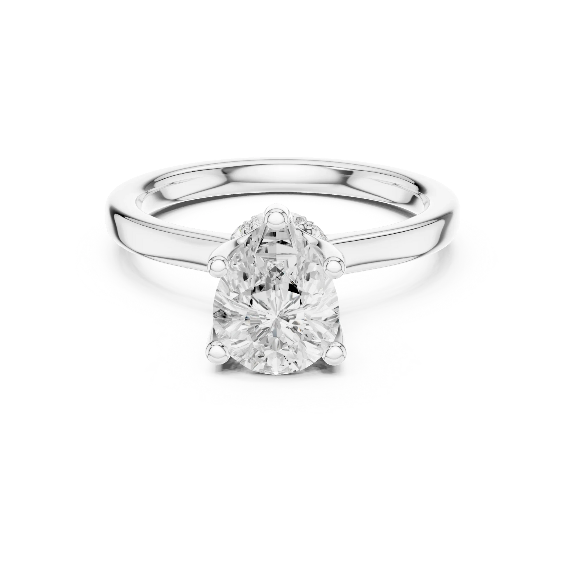 White gold pear cut solitaire ring with hidden halo and domed band featuring lab-grown diamond, elegant design