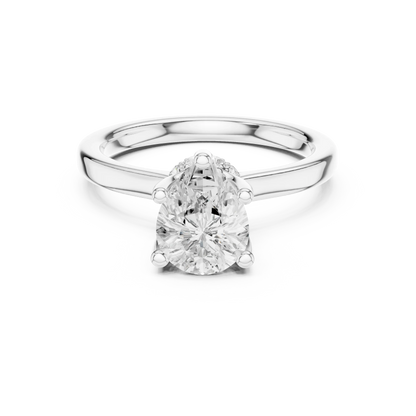White gold pear cut solitaire ring with hidden halo and domed band featuring lab-grown diamond, elegant design