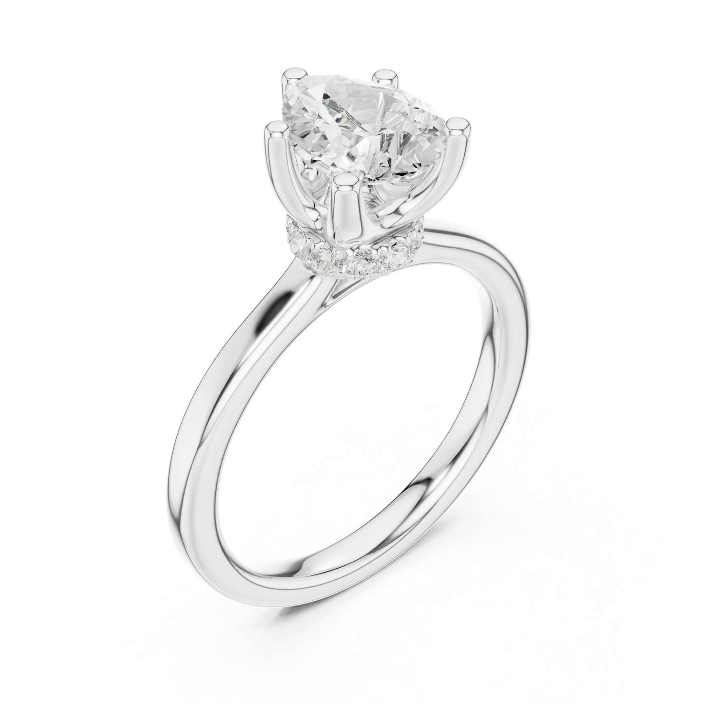 Front view of white gold pear cut solitaire ring with hidden halo and domed band and lab-created diamond
