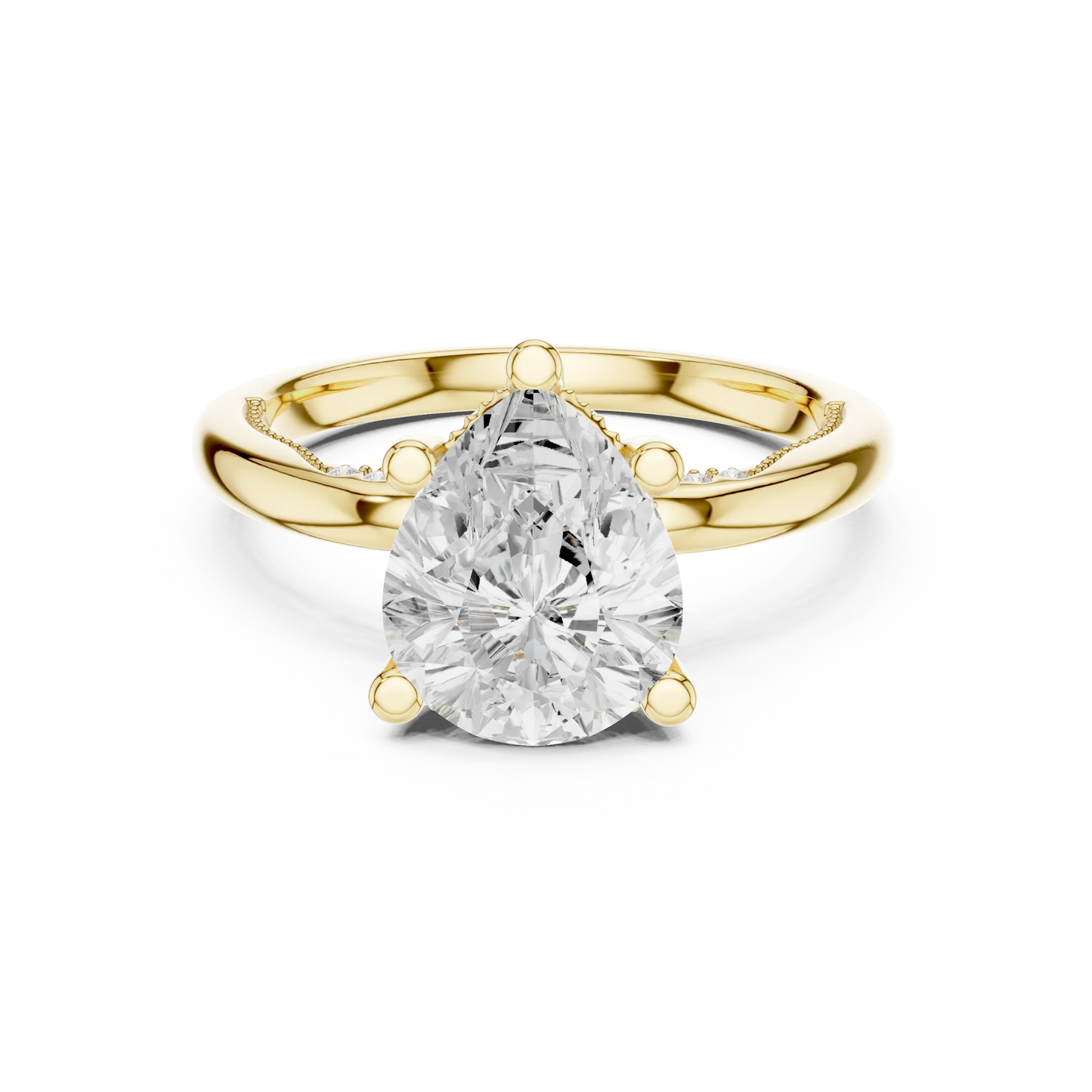 Yellow gold pear cut solitaire ring with hidden halo and domed band featuring lab-grown diamond, classic style
