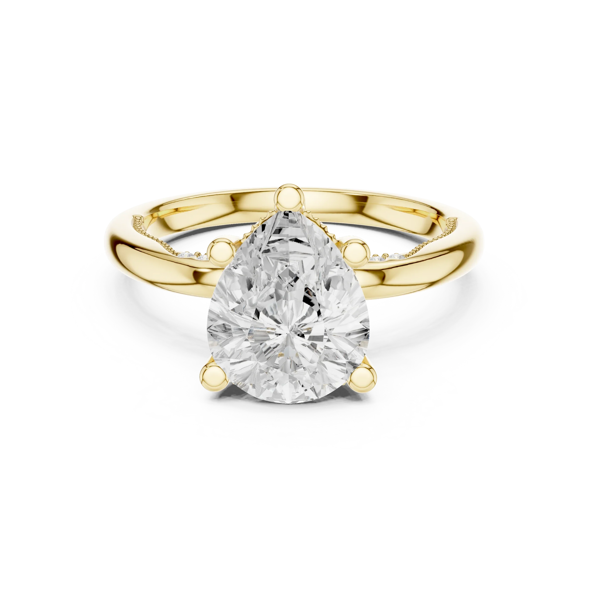 Yellow gold pear cut solitaire ring with hidden halo and domed band featuring lab-grown diamond, classic style