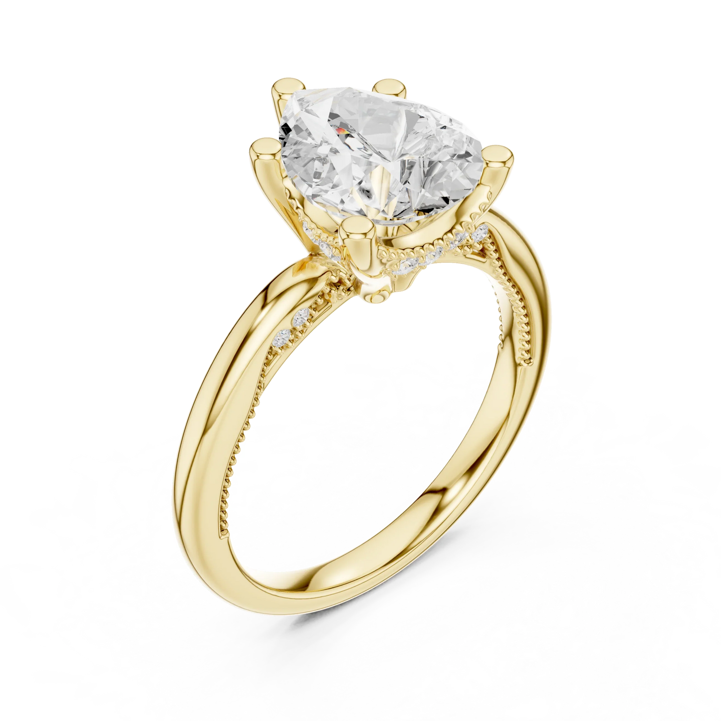 Front view of yellow gold pear cut solitaire ring with hidden halo and domed band and lab-created diamond