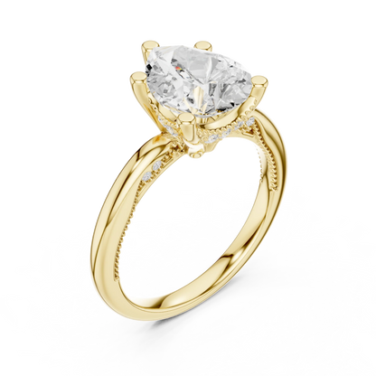 Front view of yellow gold pear cut solitaire ring with hidden halo and domed band and lab-created diamond