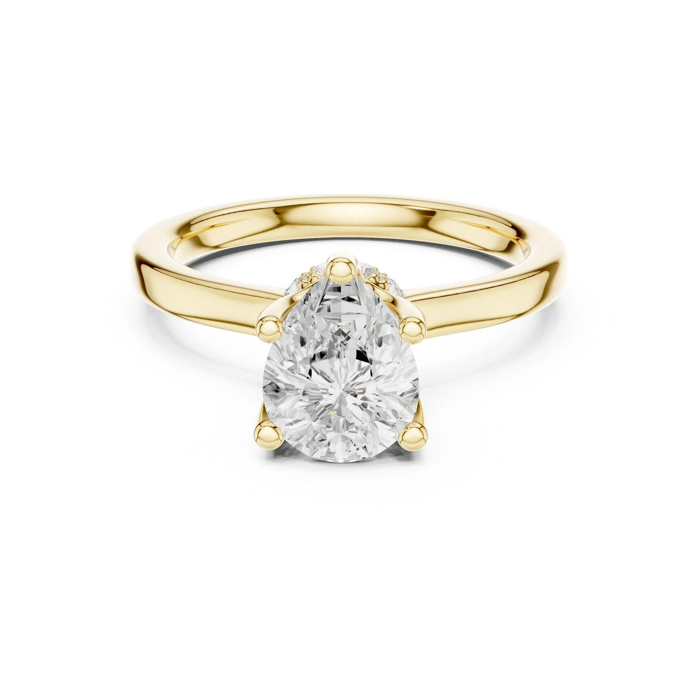 Yellow gold pear cut solitaire ring with hidden halo and domed band featuring lab-grown diamond, classic style