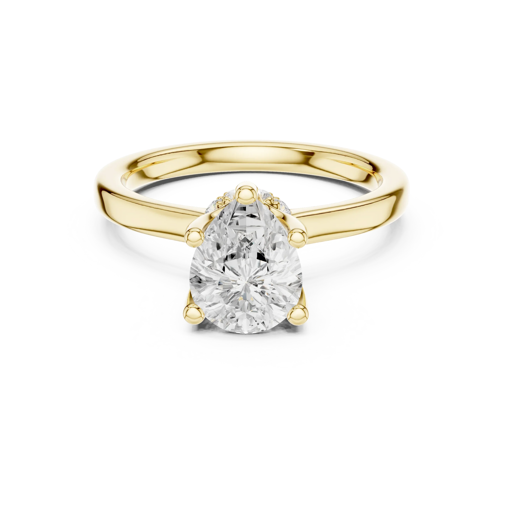 Yellow gold pear cut solitaire ring with hidden halo and domed band featuring lab-grown diamond, classic style