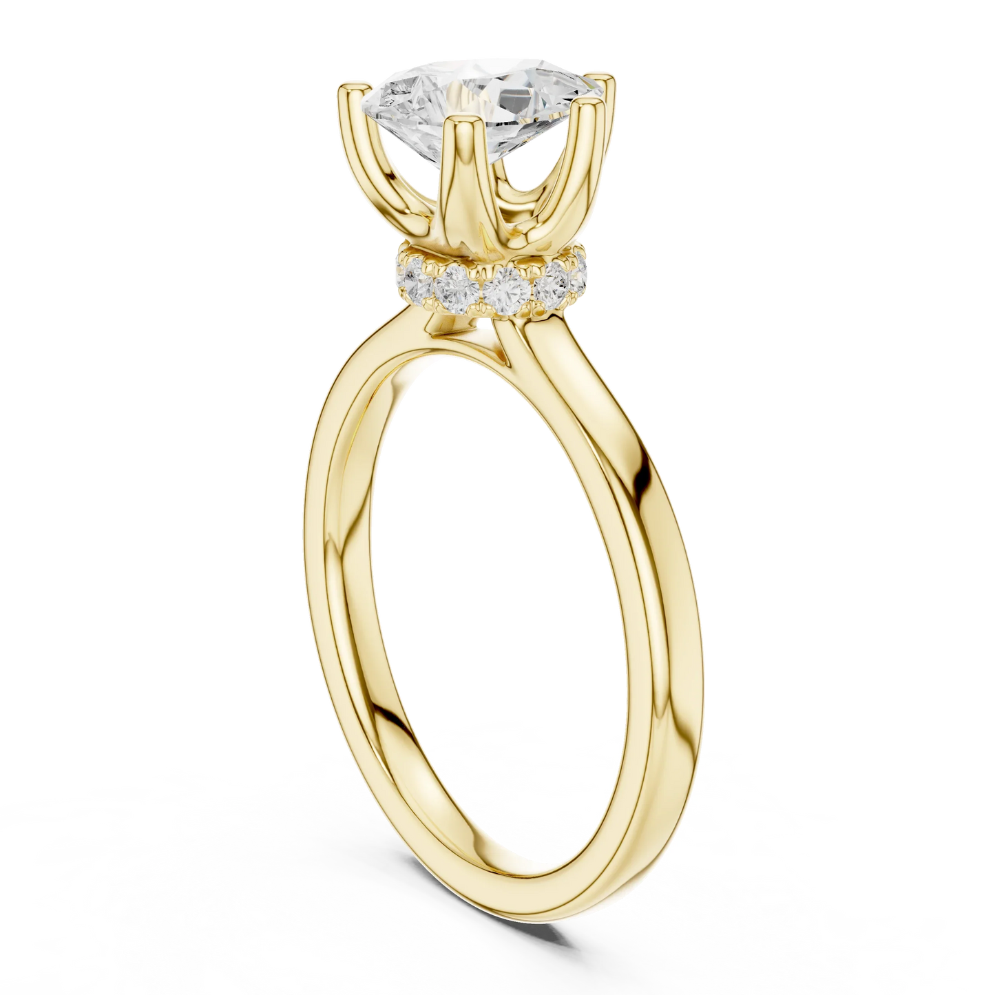 Back side view of yellow gold pear cut solitaire ring showing hidden halo and domed band details