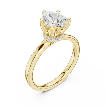 Front view of yellow gold pear cut solitaire ring with hidden halo and domed band and lab-created diamond