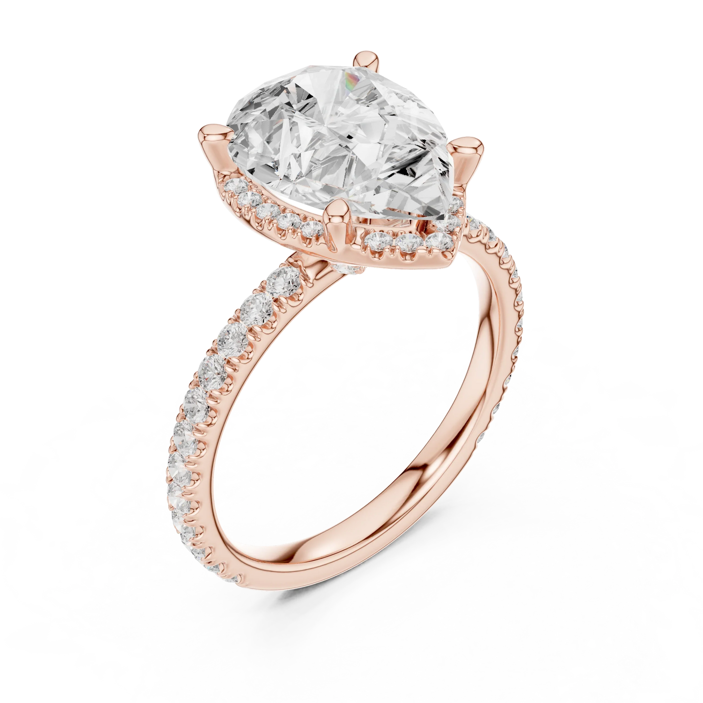 Front view of rose gold pear cut solitaire ring with hidden halo and thin pav茅 diamond band and lab-created diamond