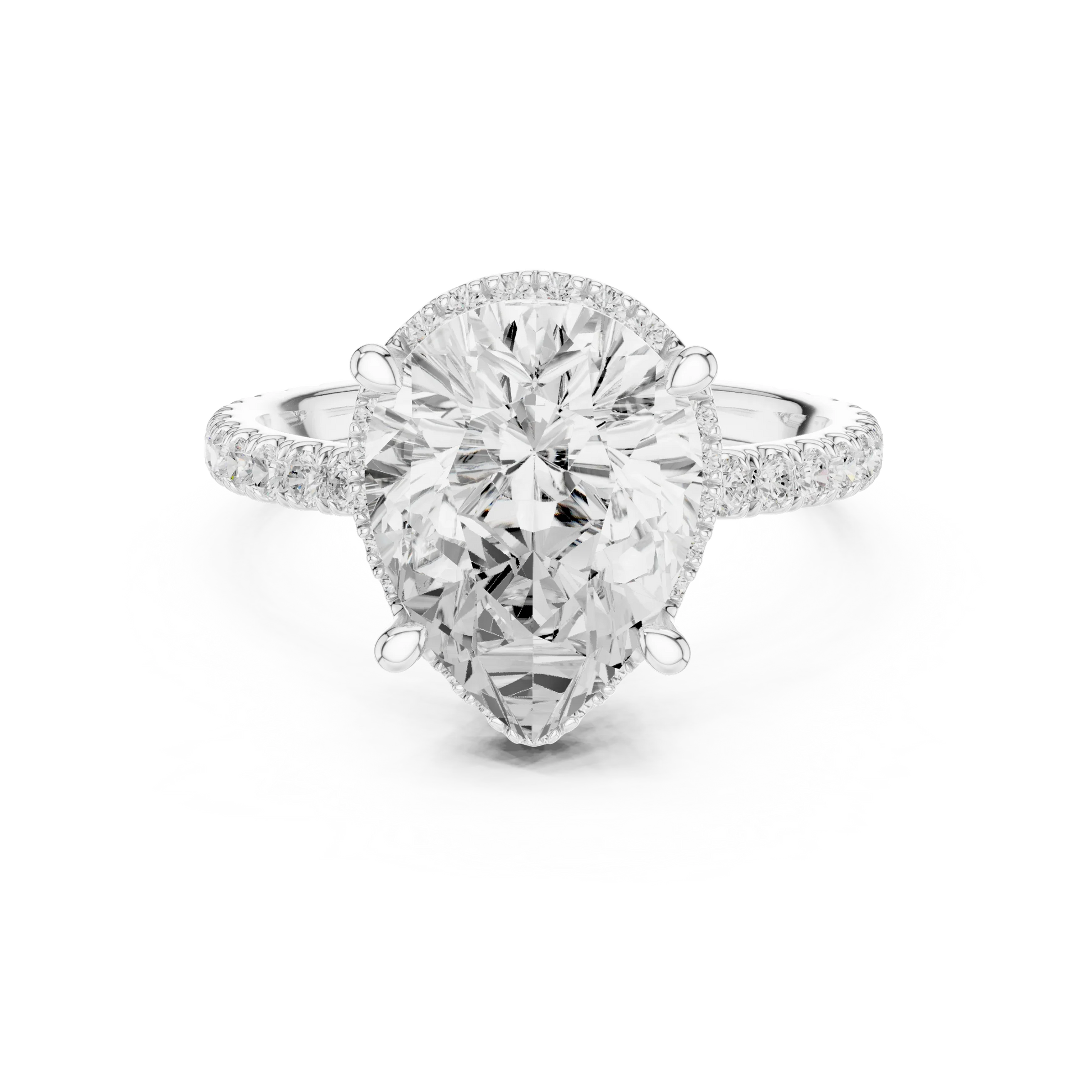 White gold pear cut solitaire ring with hidden halo and thin pav茅 band featuring lab-grown diamond, delicate design