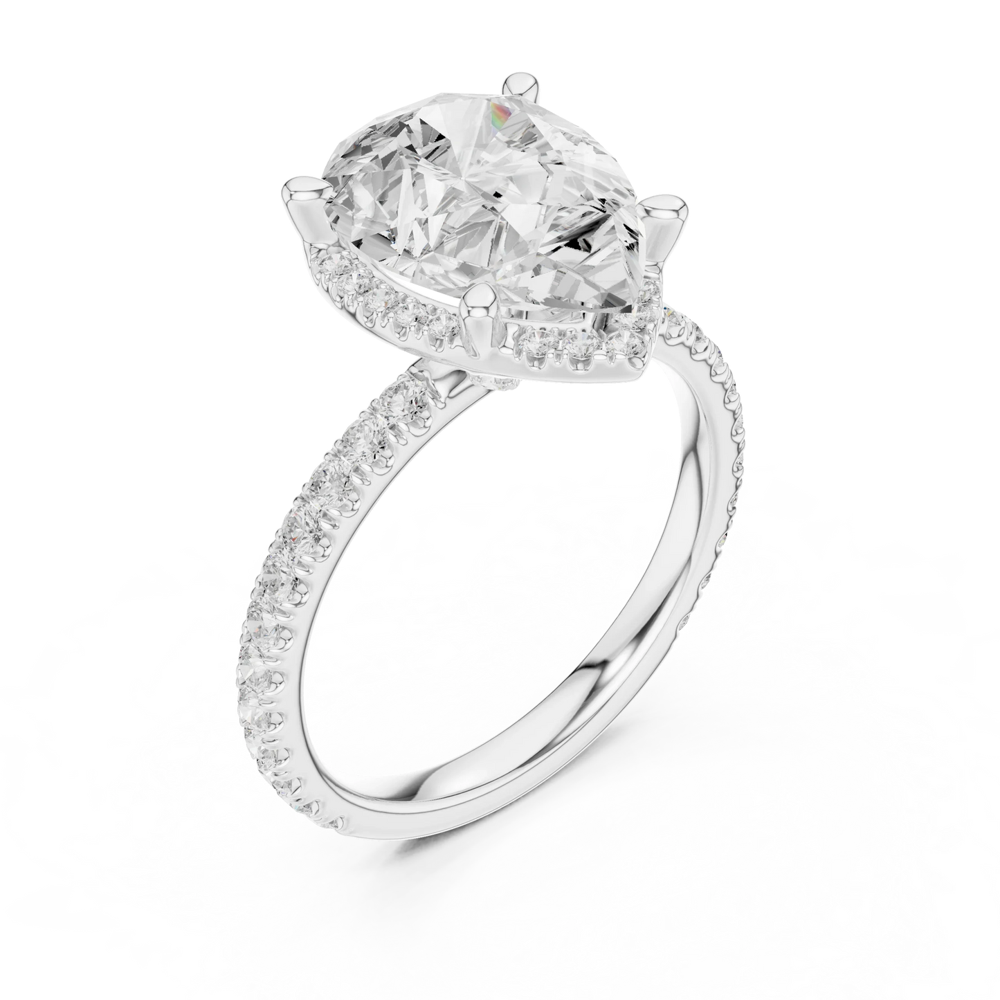 Front view of white gold pear cut solitaire ring with hidden halo and thin pav茅 diamond band and lab-created diamond