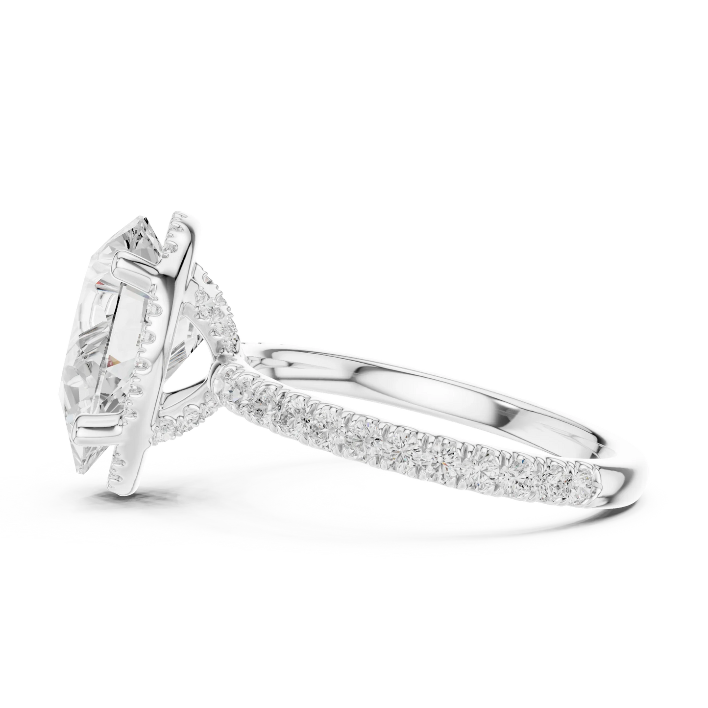 Side view of white gold pear cut solitaire ring highlighting hidden halo and thin pav茅 band design