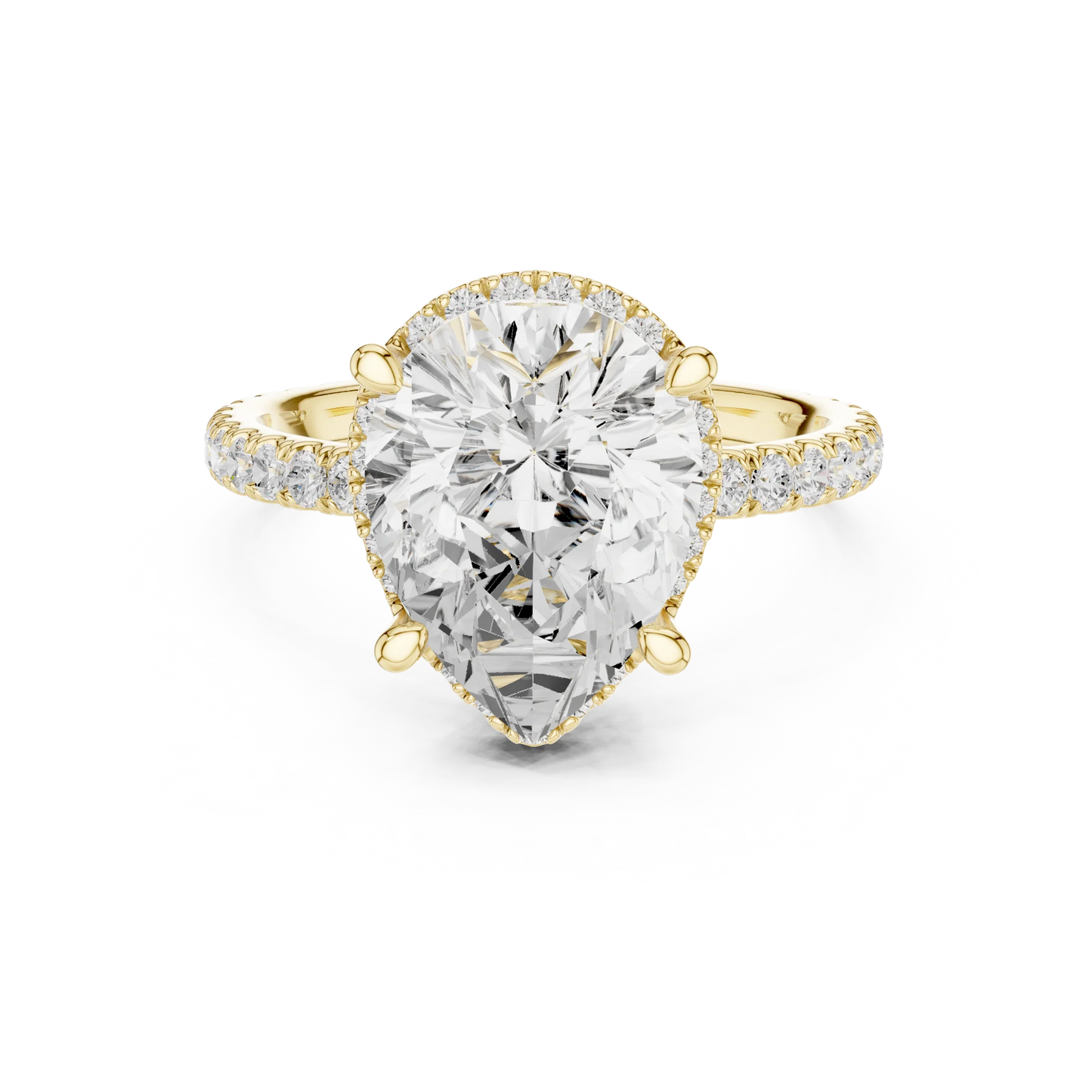 Yellow gold pear cut solitaire ring with hidden halo and thin pav茅 band featuring lab-grown diamond, classic style