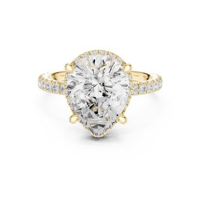 Yellow gold pear cut solitaire ring with hidden halo and thin pav茅 band featuring lab-grown diamond, classic style