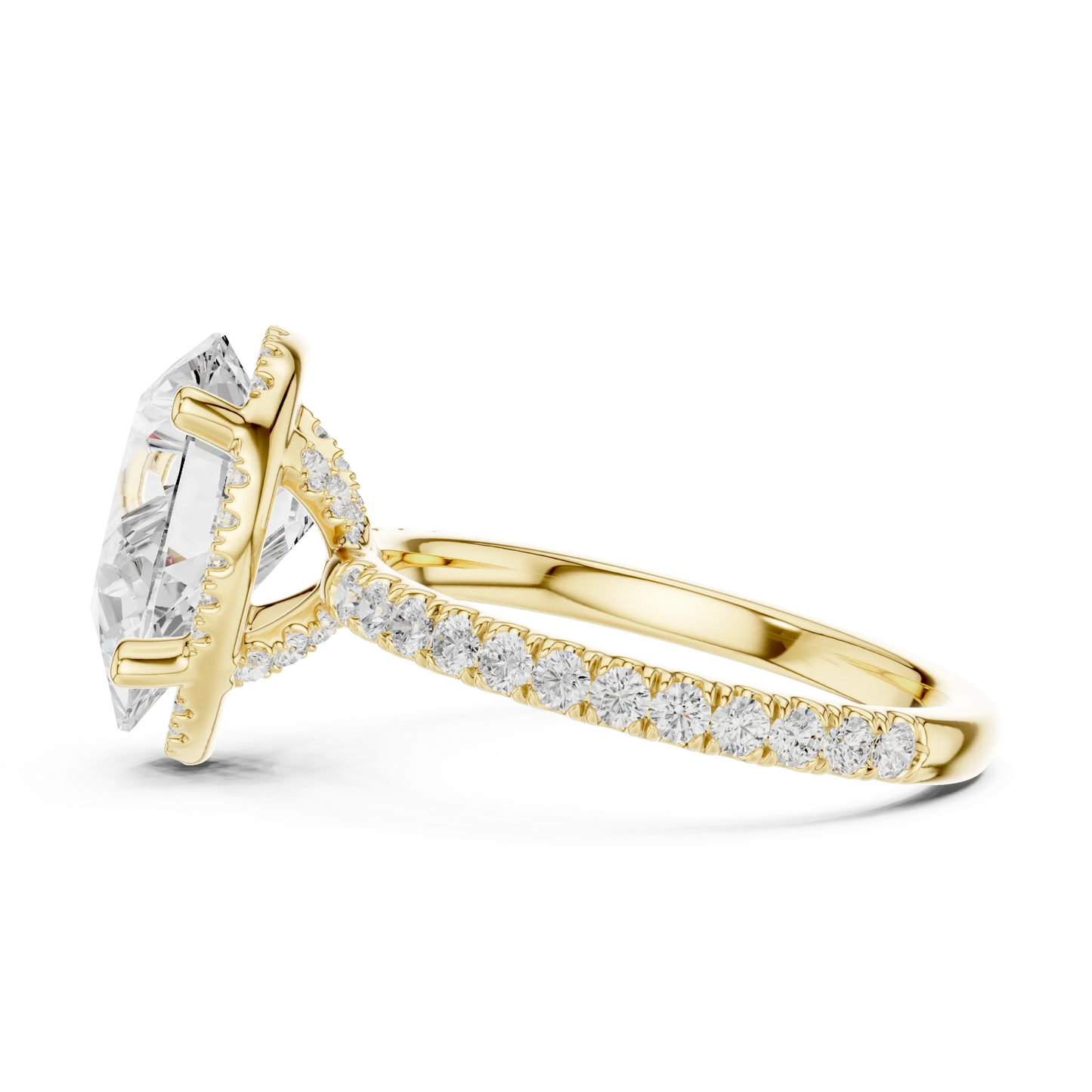Side view of yellow gold pear cut solitaire ring highlighting hidden halo and thin pav茅 band design