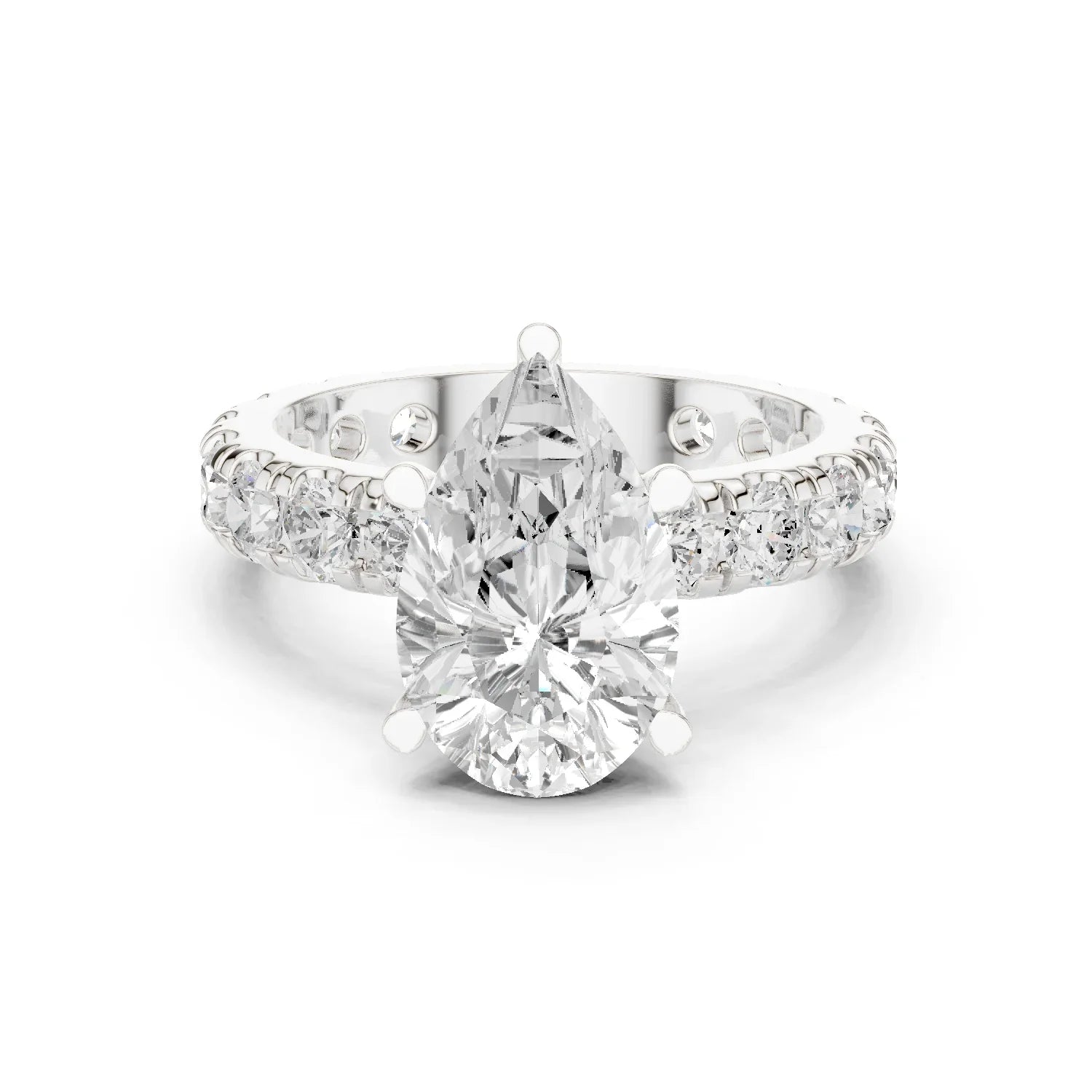 White gold pear cut solitaire ring with pave band and lab-grown diamond, elegant design