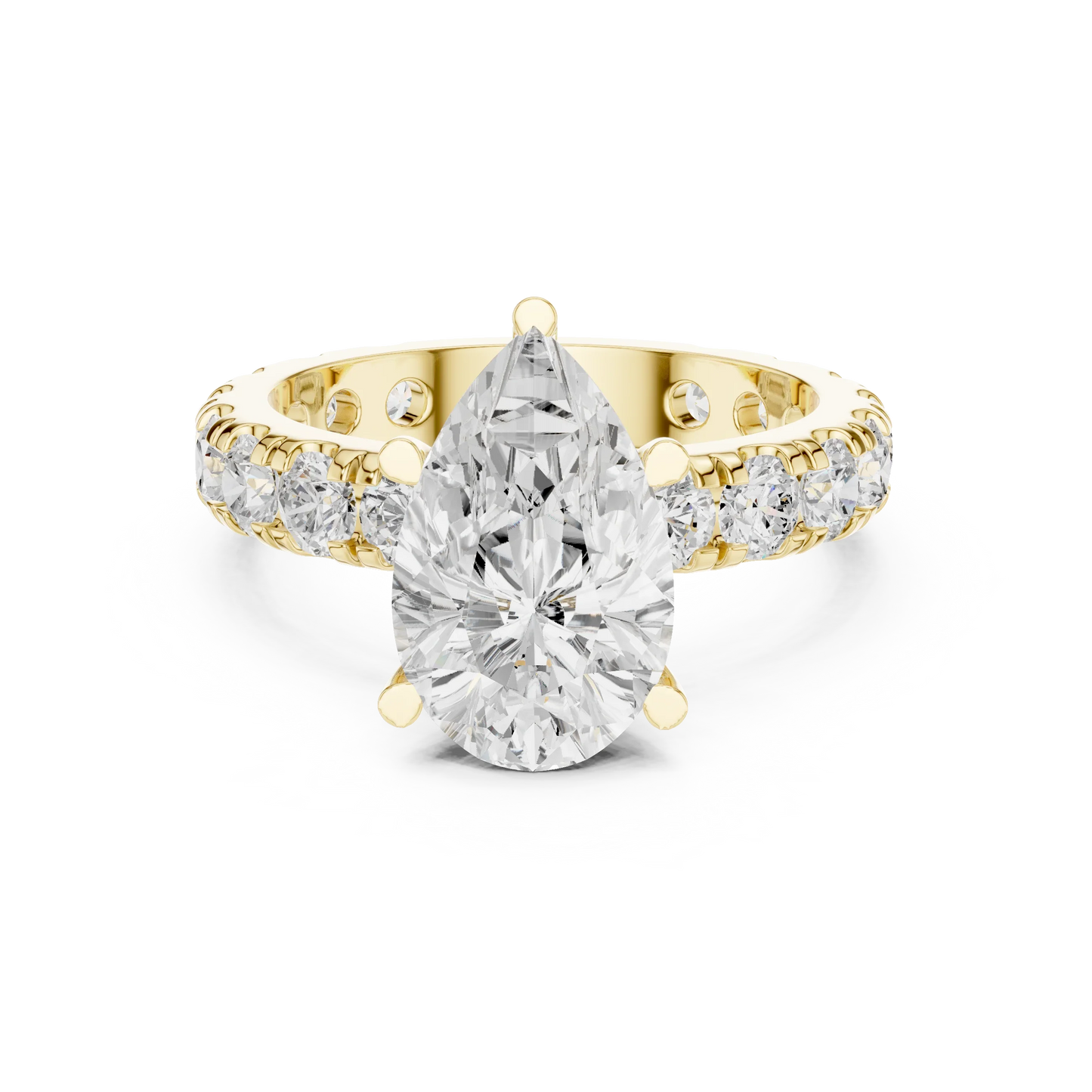Yellow gold pear cut solitaire ring with pave band and lab-grown diamond, classic style