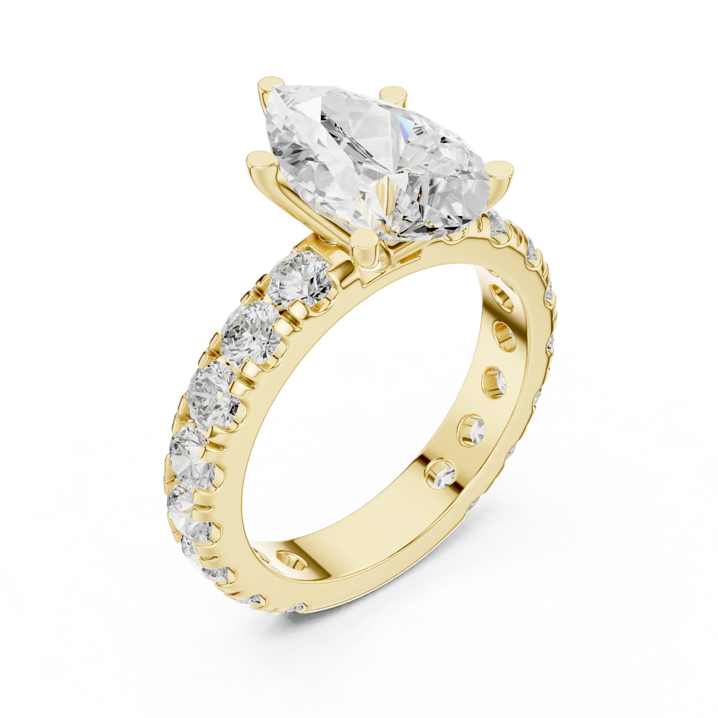 Front view of yellow gold pear cut solitaire ring with pave band and lab-created diamond