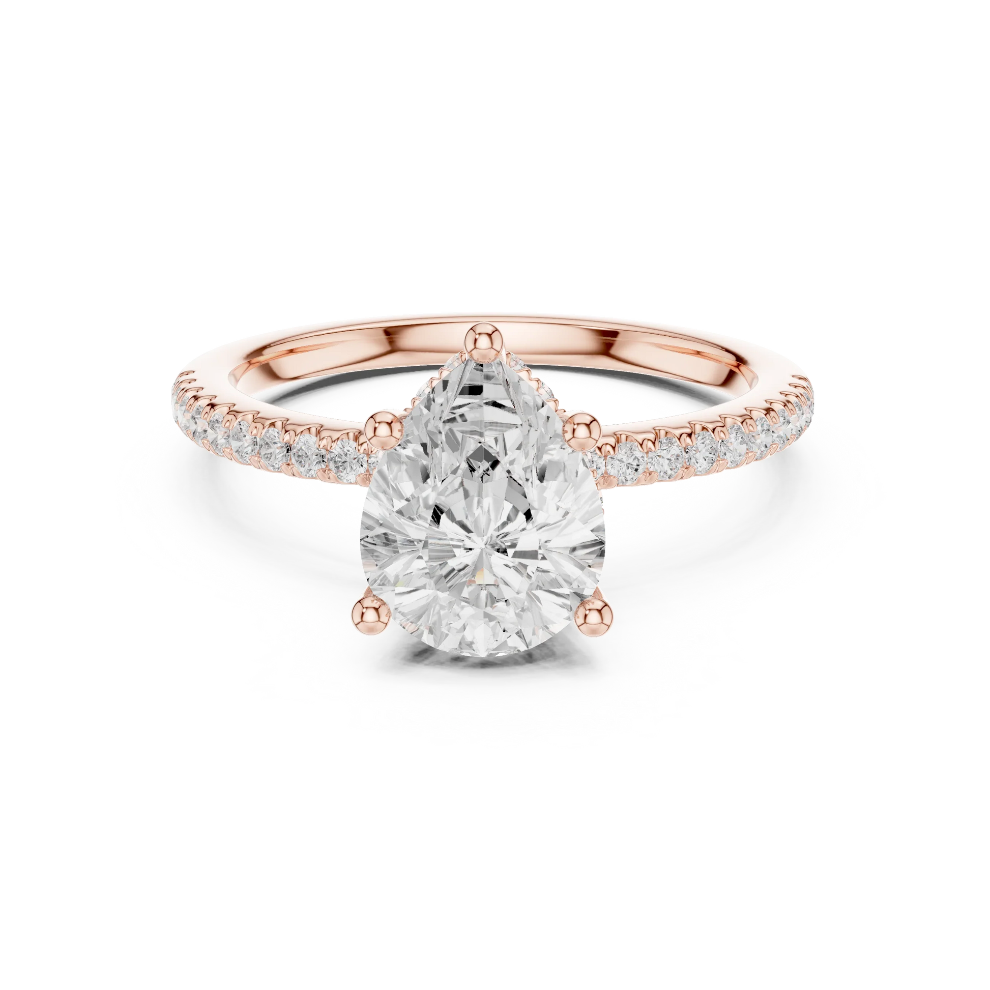 Rose gold pear cut solitaire ring with thin pave band and lab-grown diamond, modern delicate look