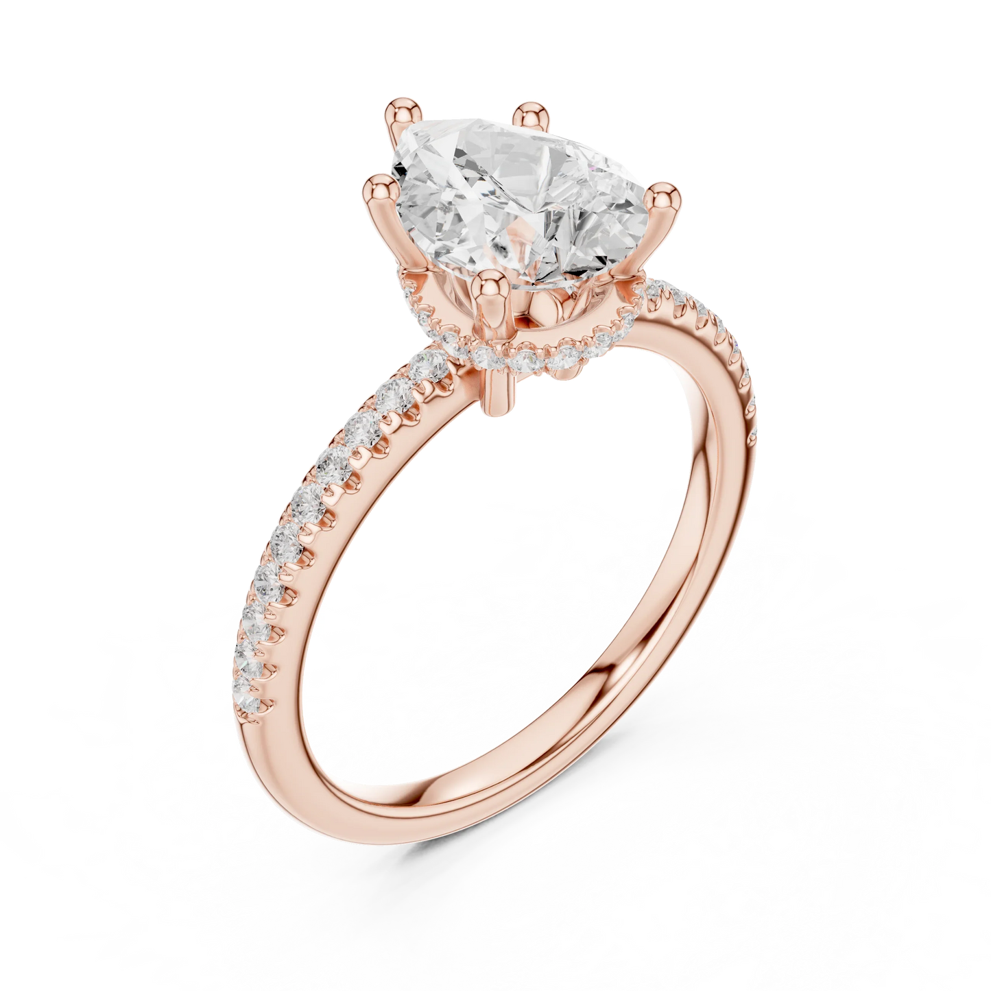 Front view of rose gold pear cut solitaire ring with thin pave band and lab-created diamond