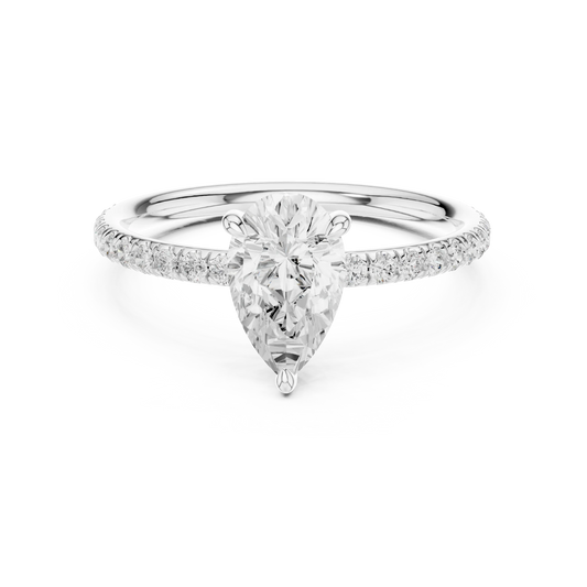 Lab-grown pear cut solitaire ring in white gold with thin pavé diamond band