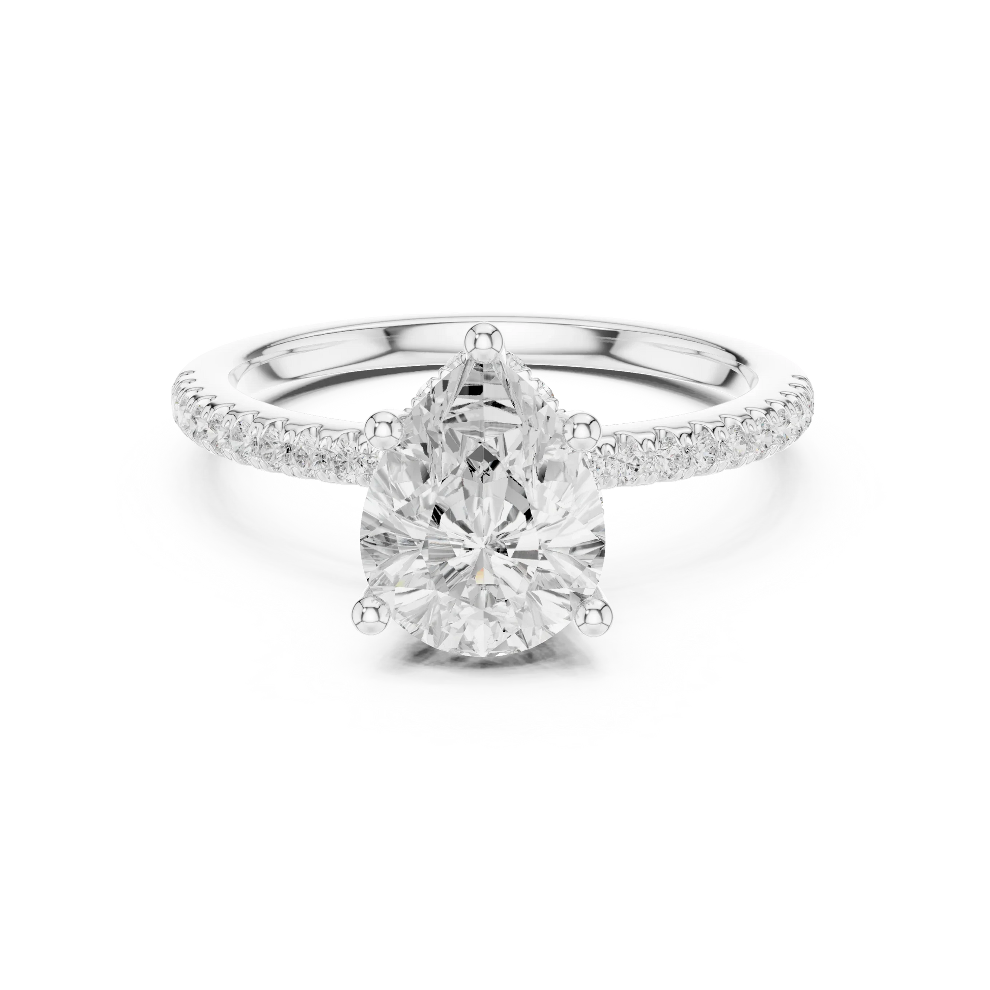 White gold pear cut solitaire ring with thin pave band and lab-grown diamond, delicate design