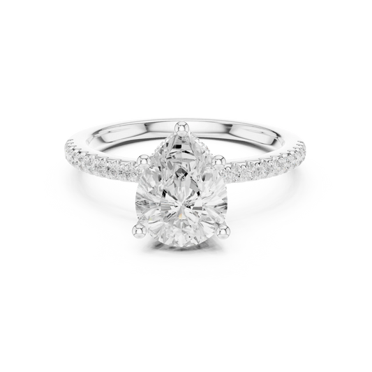 White gold pear cut solitaire ring with thin pave band and lab-grown diamond, delicate design